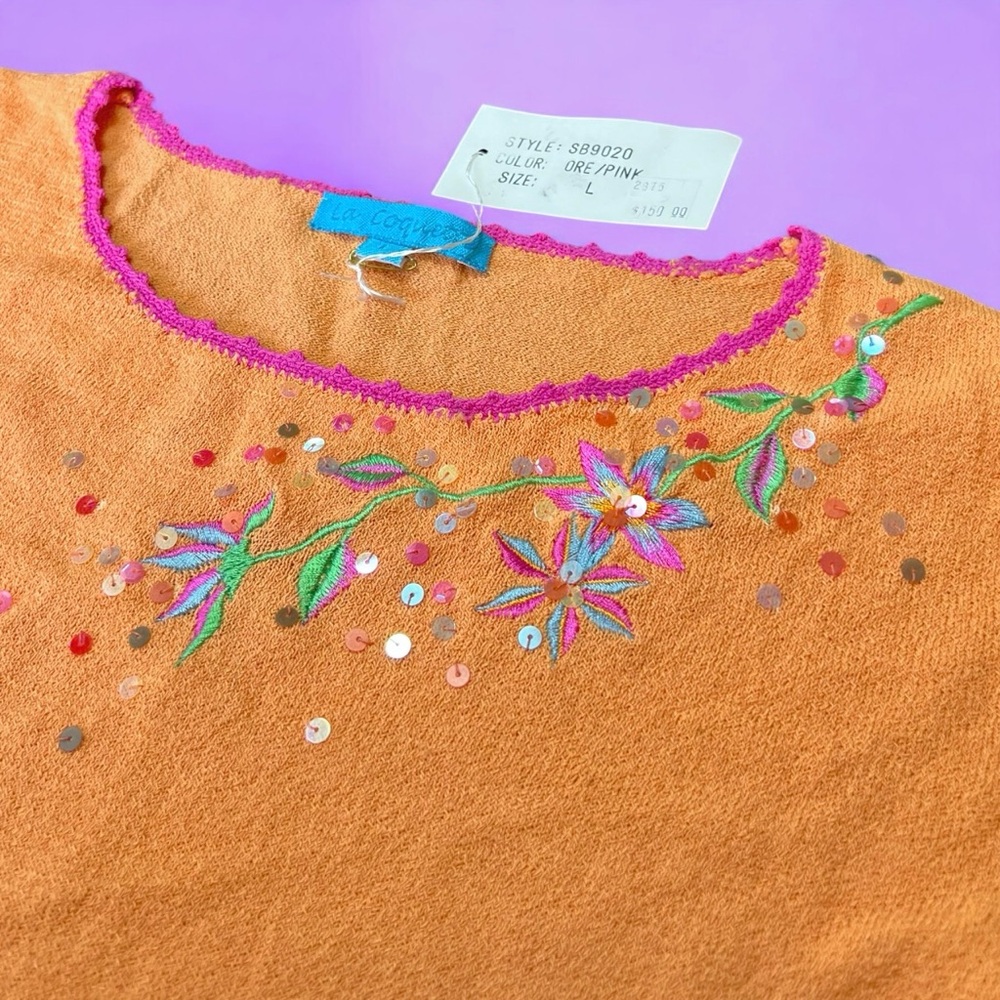 La Coquette Y2K Designer Orange and Magenta Floral Embroidered ¾ Sleeve Blouse